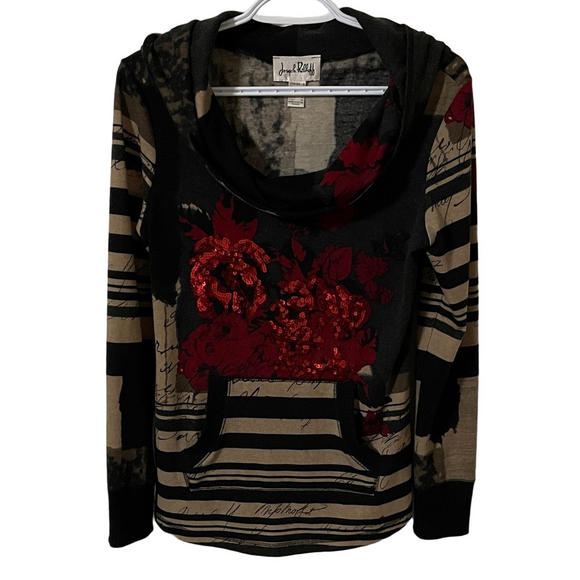 Joseph Ribkoff Tops - Joseph Ribkoff Black with Red Sequins Top with Cowl Neck & Hood Size 8